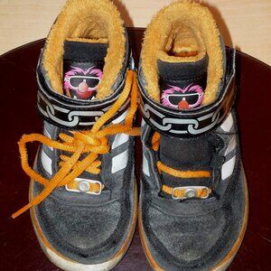 Adidas kids size 10.5 black white orange chain monster design high top skater